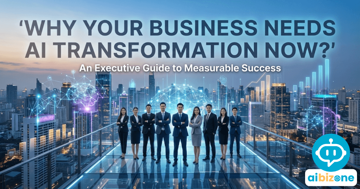 ภาพประกอบบทความ 'Why Your Business Needs AI Transformation Now?' แสดงกลุ่มผู้บริหารบนแพลตฟอร์มข้อมูลมองเห็นเมืองอัจฉริยะที่เชื่อมโยงด้วยกราฟิก AI, กราฟการเติบโต และเครือข่ายข้อมูล สื่อถึงวิสัยทัศน์การเปลี่ยนผ่านธุรกิจสู่ยุคดิจิทัลด้วยปัญญาประดิษฐ์ โดยมีโลโก้ aibizone ปรากฏอยู่