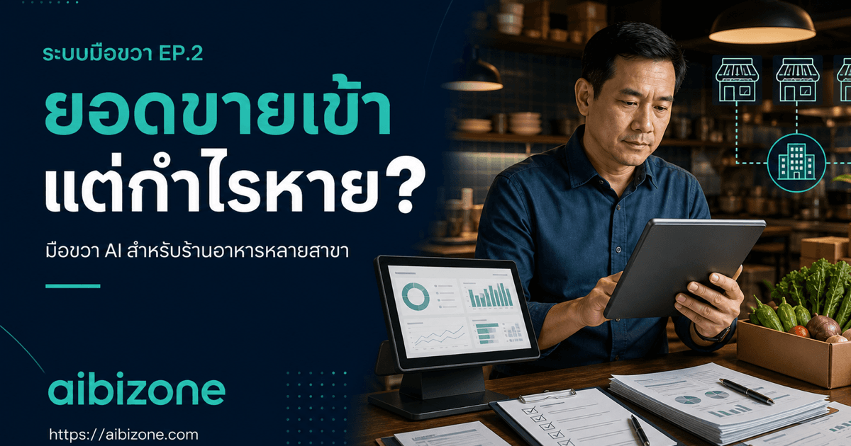 เจ้าของร้านอาหารไทยหลายสาขากำลังตรวจยอดขาย ต้นทุนวัตถุดิบ สต๊อก และงานค้างผ่านระบบมือขวา AI ของ aibizone